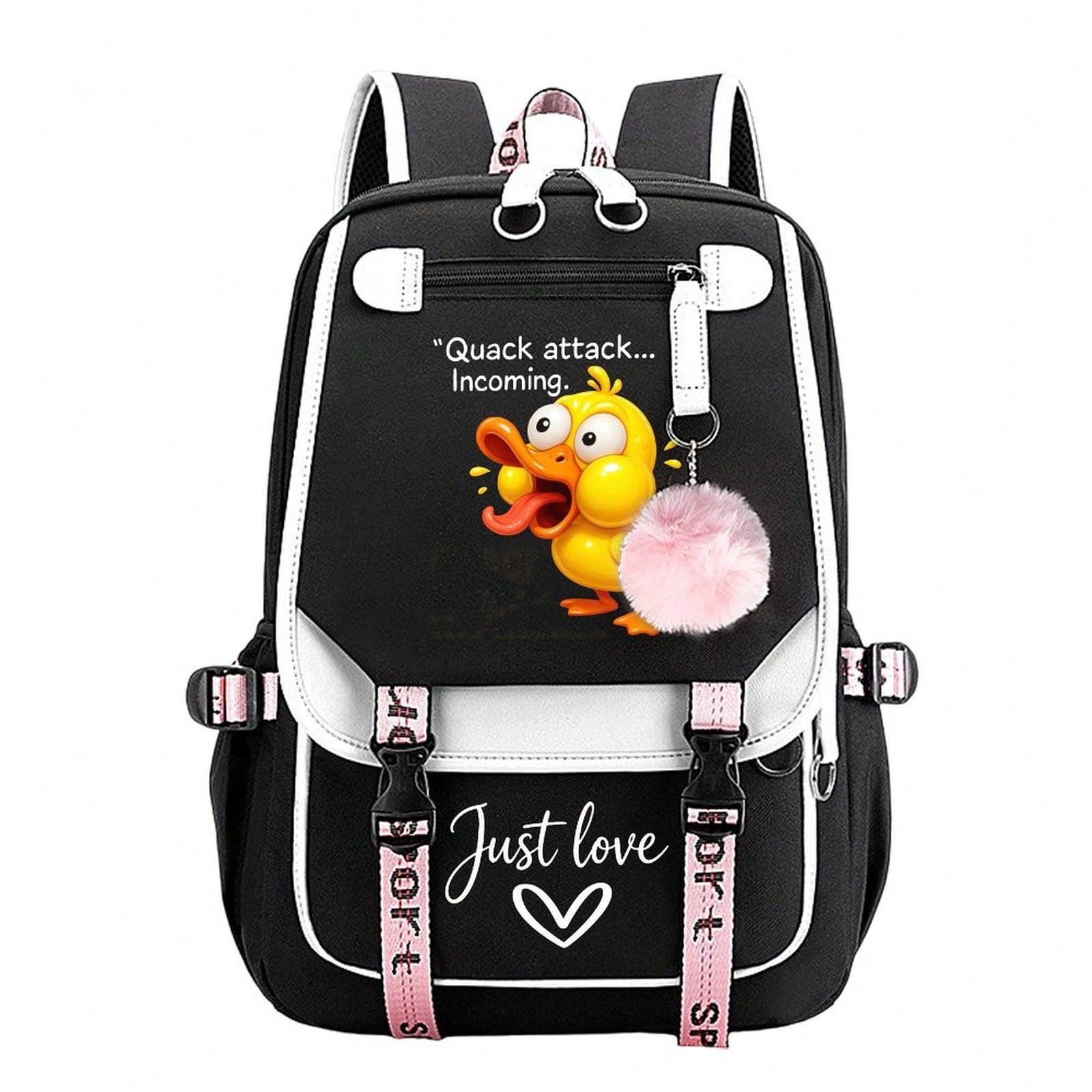 Quack Attack Incoming Funny Crazy Duck Print Teen Girls Backpack, Pink Pom Pom Decor Casual School Bookbag, Portable Lightweight Travel Daypack
