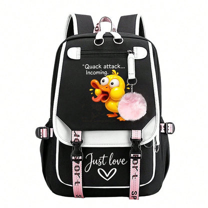 Quack Attack Incoming Funny Crazy Duck Print Teen Girls Backpack, Pink Pom Pom Decor Casual School Bookbag, Portable Lightweight Travel Daypack