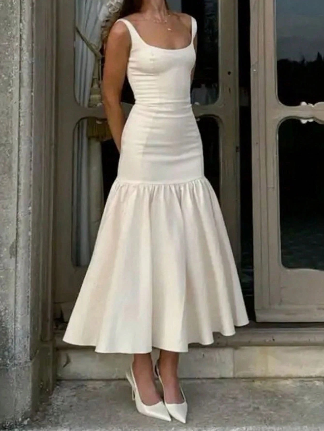QUNGIGU Women's Elegant Square Neck Long Dress Mermaid Hem Summer Apparel For Wedding Graduation Dating