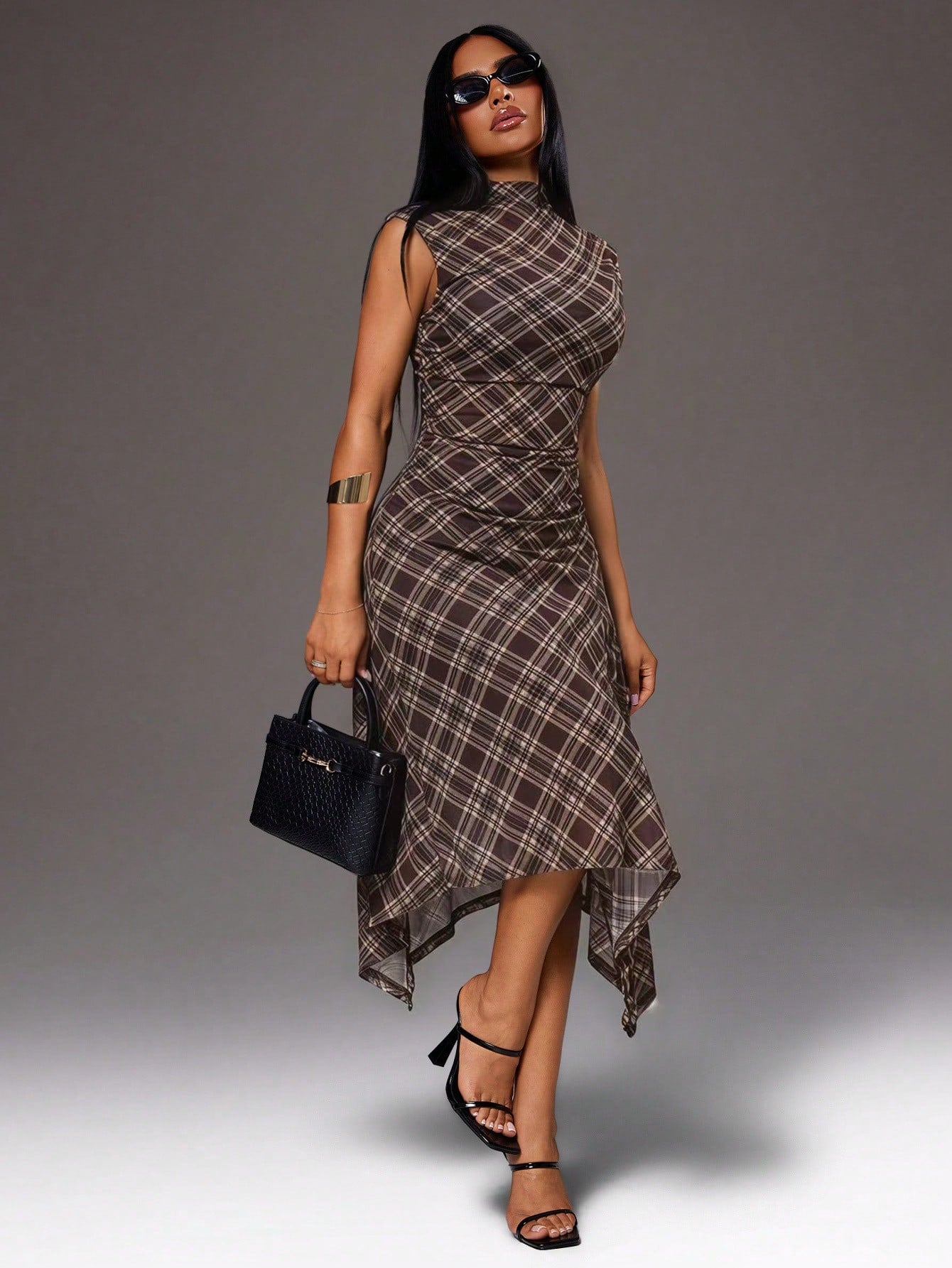 Radiana Women's Autumn Casual Minimalist Elegant Brown Plaid Bodycon Dress, Graceful Asymmetrical A-Line Design, Mid-Length, Waist-Cinching, Casual Business