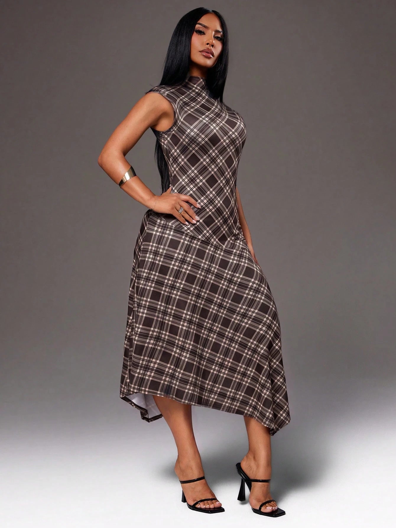 Radiana Women's Autumn Casual Minimalist Elegant Brown Plaid Bodycon Dress, Graceful Asymmetrical A-Line Design, Mid-Length, Waist-Cinching, Casual Business