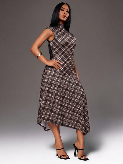 Radiana Women's Autumn Casual Minimalist Elegant Brown Plaid Bodycon Dress, Graceful Asymmetrical A-Line Design, Mid-Length, Waist-Cinching, Casual Business