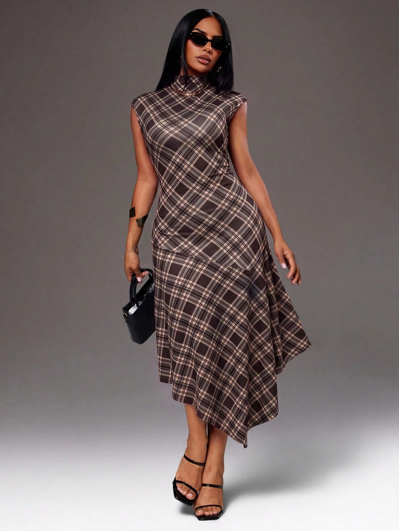 Radiana Women's Autumn Casual Minimalist Elegant Brown Plaid Bodycon Dress, Graceful Asymmetrical A-Line Design, Mid-Length, Waist-Cinching, Casual Business