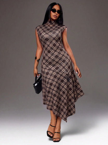 Radiana Women's Autumn Casual Minimalist Elegant Brown Plaid Bodycon Dress, Graceful Asymmetrical A-Line Design, Mid-Length, Waist-Cinching, Casual Business