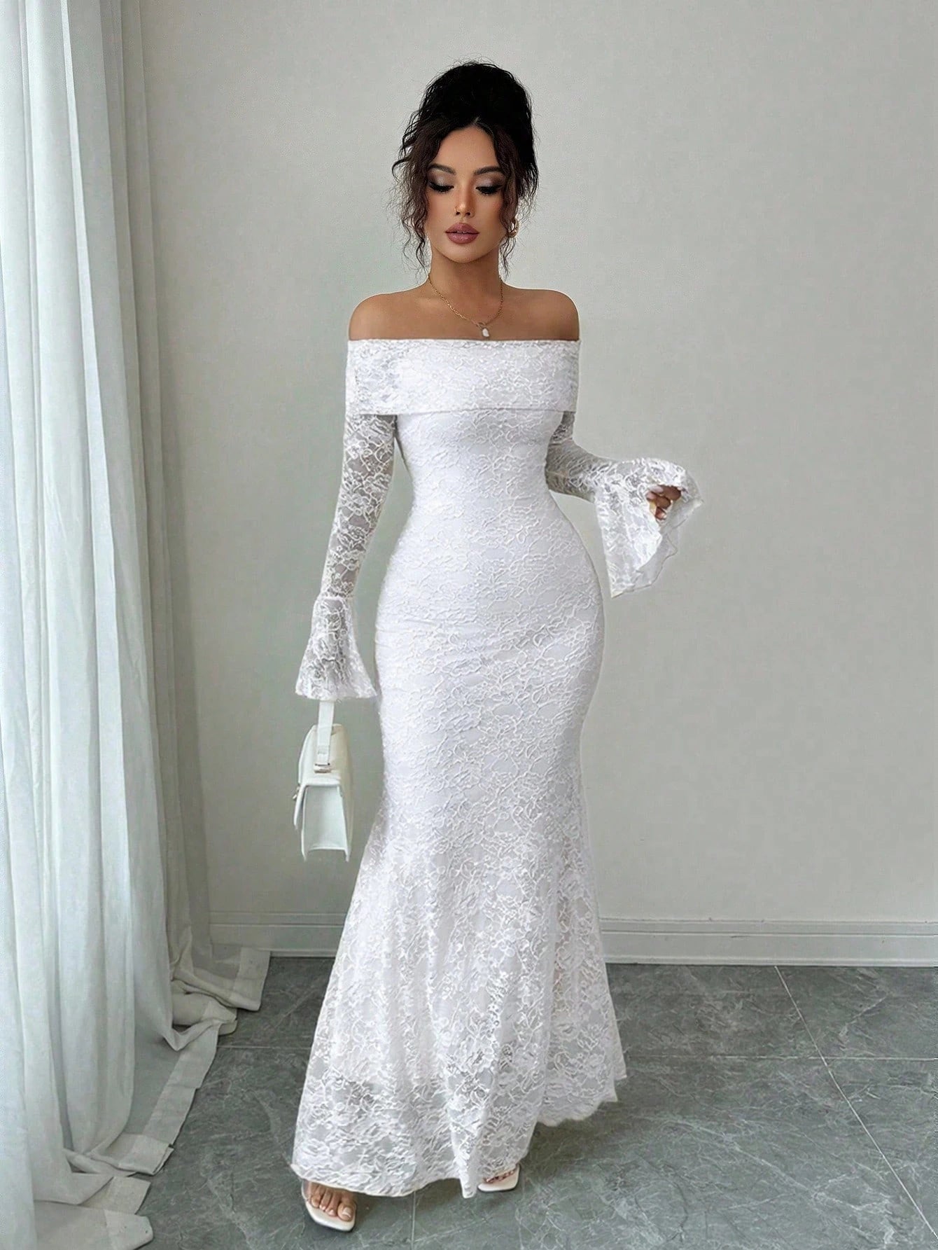 Rafferiza Elegant Fashion Young Minimalist Versatile Fitted Off Shoulder Flared Sleeve Mermaid Midi Dress For Women, Autumn