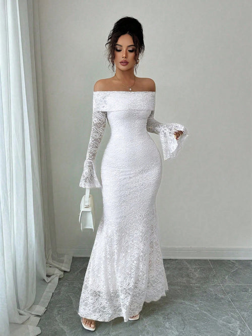 Rafferiza Elegant Fashion Young Minimalist Versatile Fitted Off Shoulder Flared Sleeve Mermaid Midi Dress For Women, Autumn
