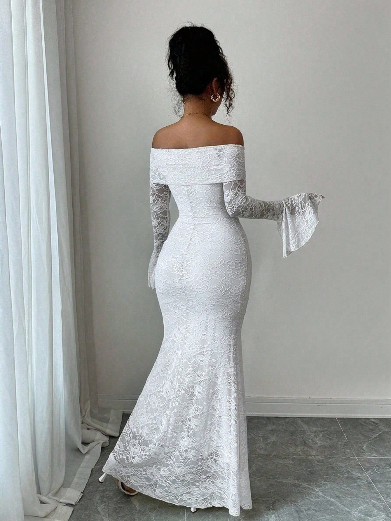 Rafferiza Elegant Fashion Young Minimalist Versatile Fitted Off Shoulder Flared Sleeve Mermaid Midi Dress For Women, Autumn