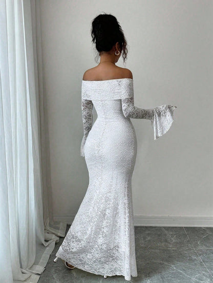 Rafferiza Elegant Fashion Young Minimalist Versatile Fitted Off Shoulder Flared Sleeve Mermaid Midi Dress For Women, Autumn