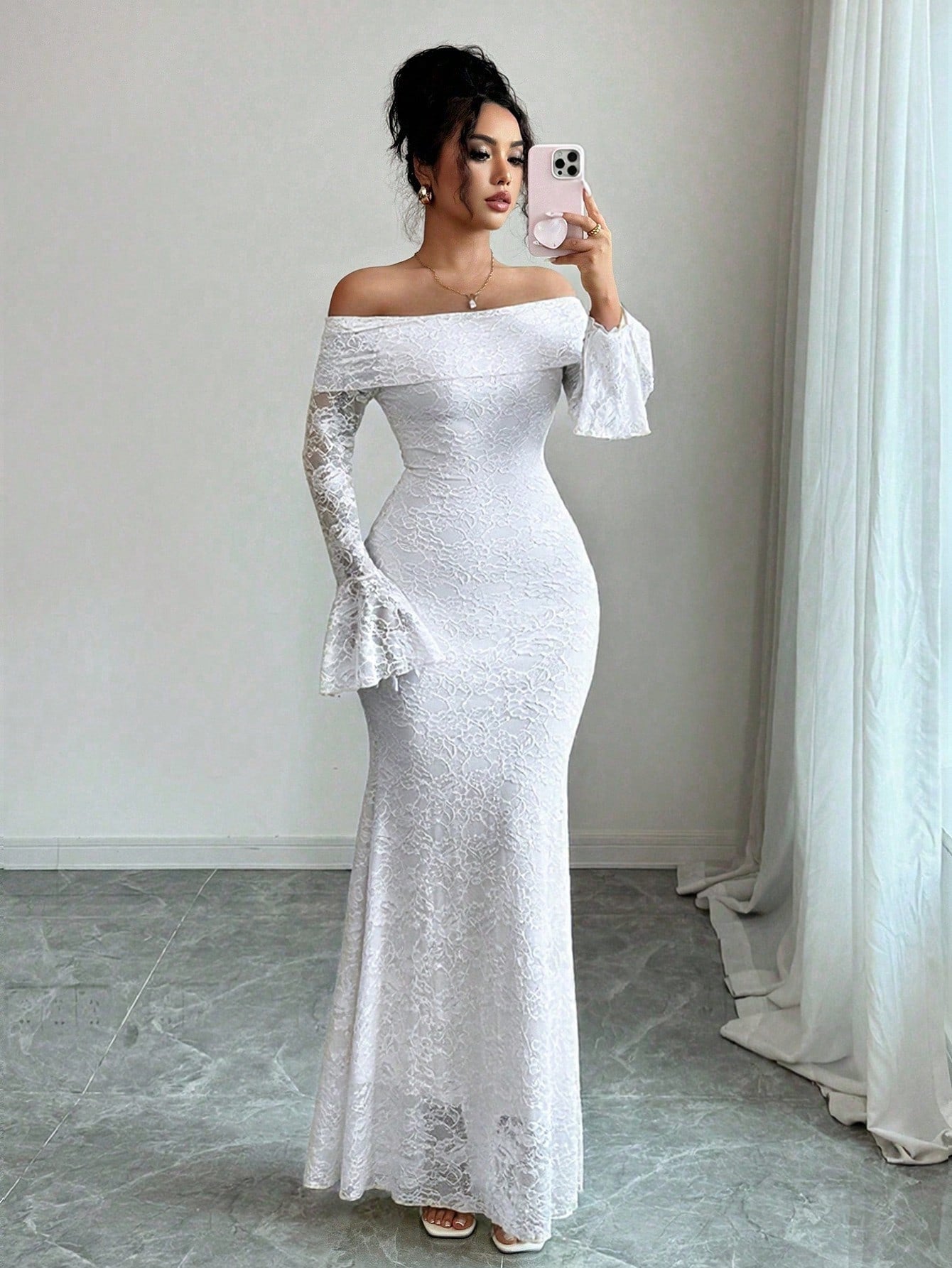 Rafferiza Elegant Fashion Young Minimalist Versatile Fitted Off Shoulder Flared Sleeve Mermaid Midi Dress For Women, Autumn