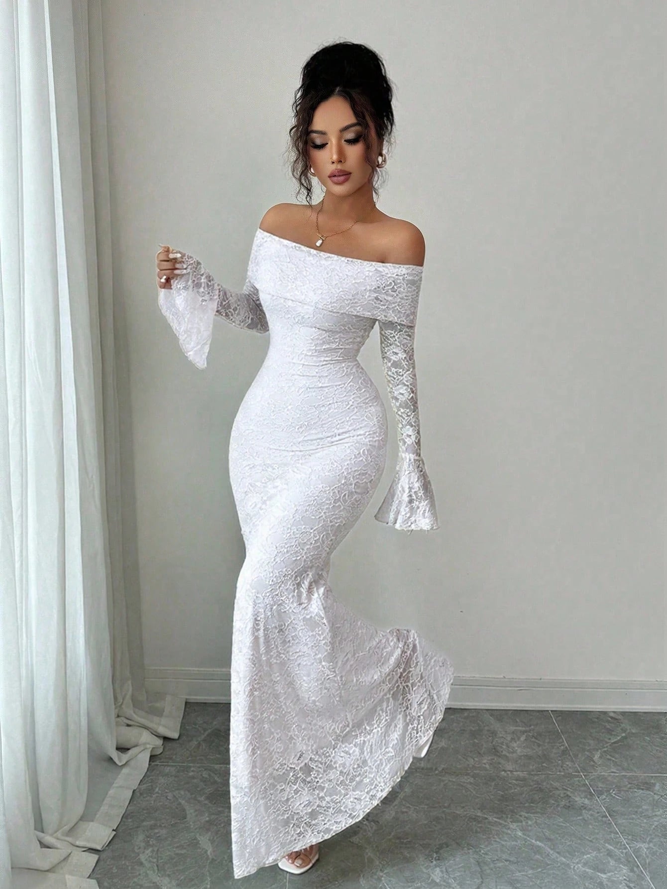 Rafferiza Elegant Fashion Young Minimalist Versatile Fitted Off Shoulder Flared Sleeve Mermaid Midi Dress For Women, Autumn
