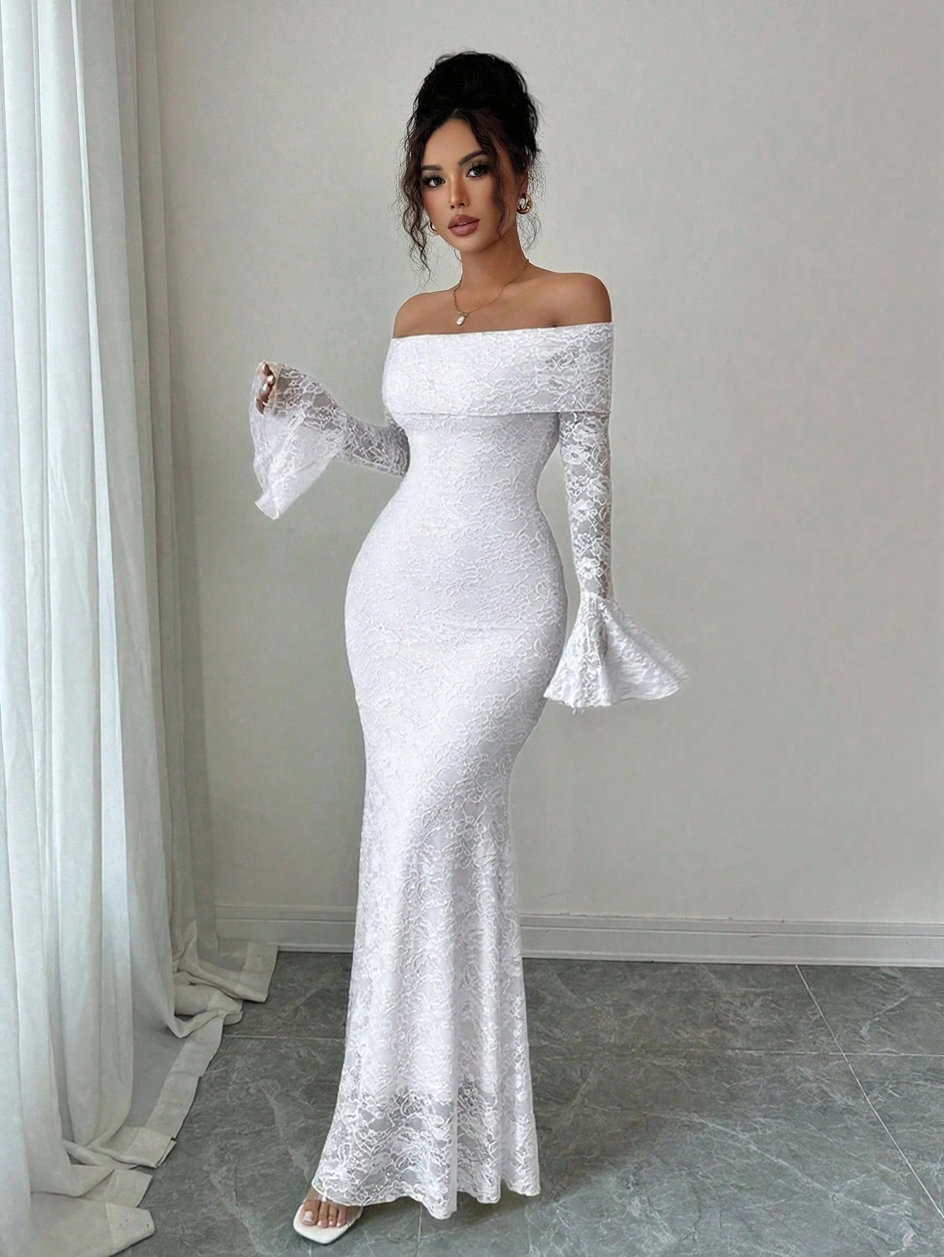 Rafferiza Elegant Fashion Young Minimalist Versatile Fitted Off Shoulder Flared Sleeve Mermaid Midi Dress For Women, Autumn