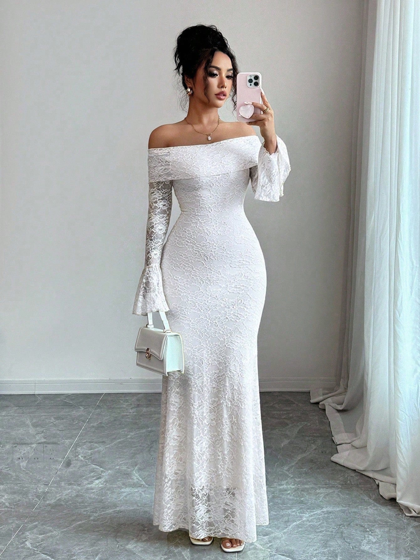 Rafferiza Elegant Fashion Young Minimalist Versatile Fitted Off Shoulder Flared Sleeve Mermaid Midi Dress For Women, Autumn