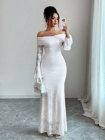 Rafferiza Elegant Fashion Young Minimalist Versatile Fitted Off Shoulder Flared Sleeve Mermaid Midi Dress For Women, Autumn