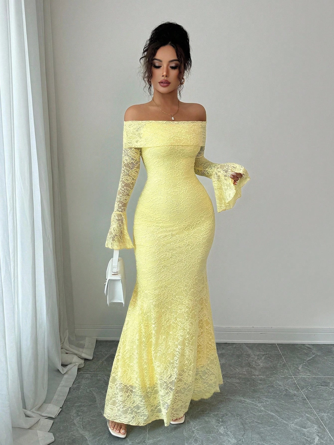 Rafferiza Elegant Fashion Young Minimalist Versatile Fitted Off Shoulder Flared Sleeve Mermaid Midi Dress For Women, Autumn