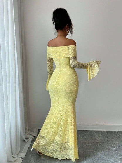 Rafferiza Elegant Fashion Young Minimalist Versatile Fitted Off Shoulder Flared Sleeve Mermaid Midi Dress For Women, Autumn