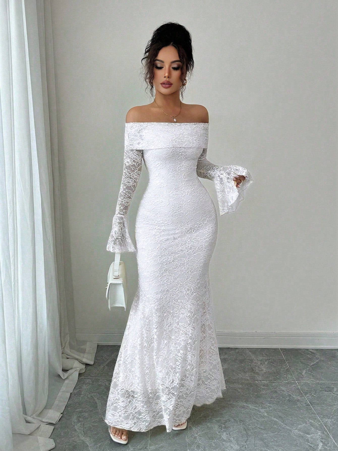 Rafferiza Elegant Fashion Young Minimalist Versatile Fitted Off Shoulder Flared Sleeve Mermaid Midi Dress For Women, Autumn