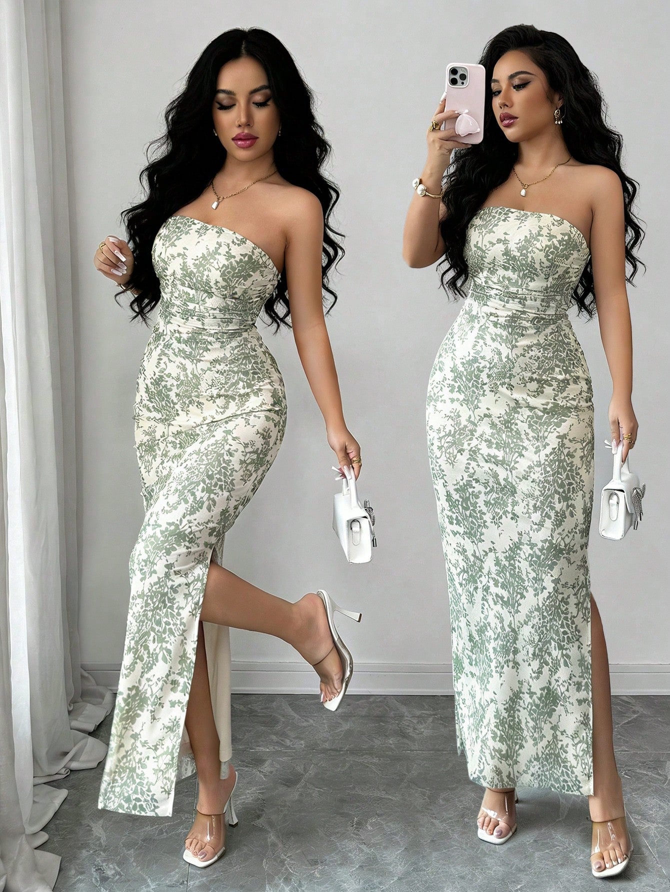 Rafferiza Elegant Green Floral Mesh Strapless Dress For Women,Summer Vacation Ruched Tie-Dye Print Cinched Waist Fitted Long Dress With Slit,Holiday Party Gown