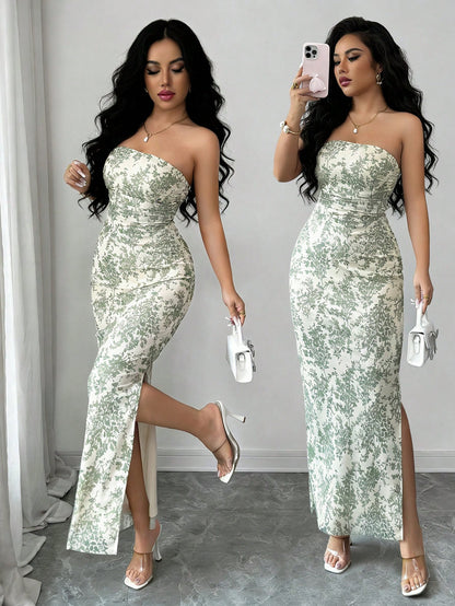 Rafferiza Elegant Green Floral Mesh Strapless Dress For Women,Summer Vacation Ruched Tie-Dye Print Cinched Waist Fitted Long Dress With Slit,Holiday Party Gown