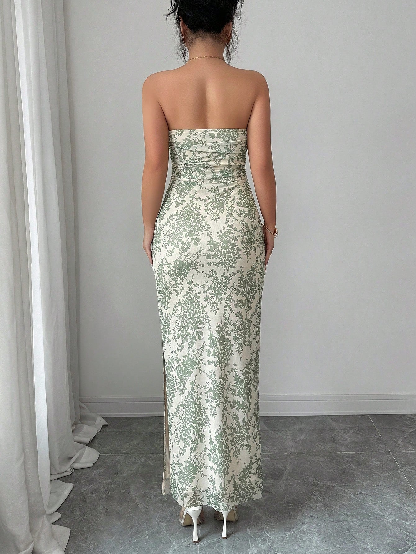 Rafferiza Elegant Green Floral Mesh Strapless Dress For Women,Summer Vacation Ruched Tie-Dye Print Cinched Waist Fitted Long Dress With Slit,Holiday Party Gown