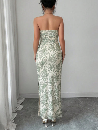 Rafferiza Elegant Green Floral Mesh Strapless Dress For Women,Summer Vacation Ruched Tie-Dye Print Cinched Waist Fitted Long Dress With Slit,Holiday Party Gown