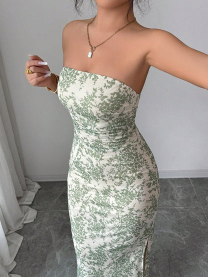 Rafferiza Elegant Green Floral Mesh Strapless Dress For Women,Summer Vacation Ruched Tie-Dye Print Cinched Waist Fitted Long Dress With Slit,Holiday Party Gown