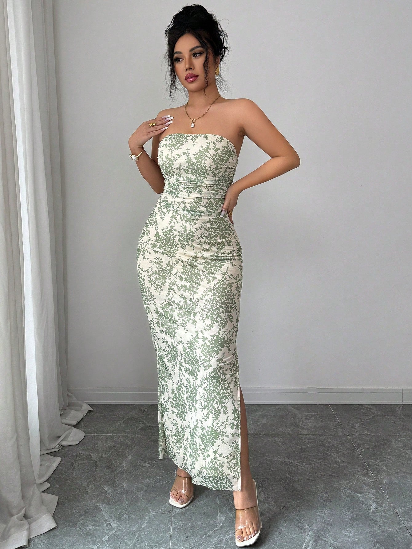 Rafferiza Elegant Green Floral Mesh Strapless Dress For Women,Summer Vacation Ruched Tie-Dye Print Cinched Waist Fitted Long Dress With Slit,Holiday Party Gown
