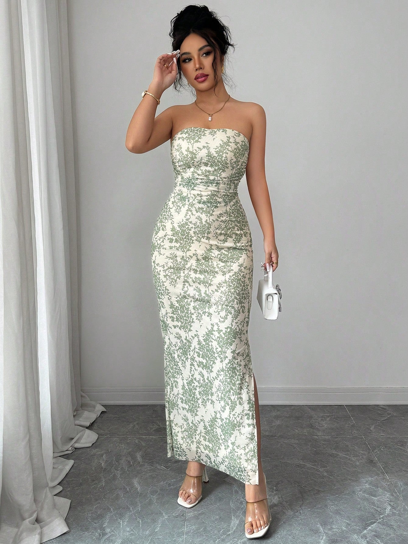 Rafferiza Elegant Green Floral Mesh Strapless Dress For Women,Summer Vacation Ruched Tie-Dye Print Cinched Waist Fitted Long Dress With Slit,Holiday Party Gown