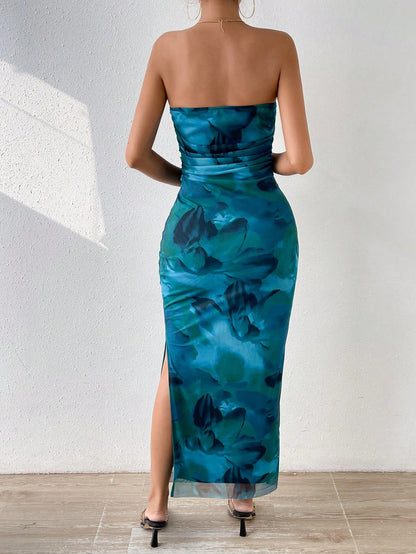 Rafferiza Elegant Green Floral Mesh Strapless Dress For Women,Summer Vacation Ruched Tie-Dye Print Cinched Waist Fitted Long Dress With Slit,Holiday Party Gown