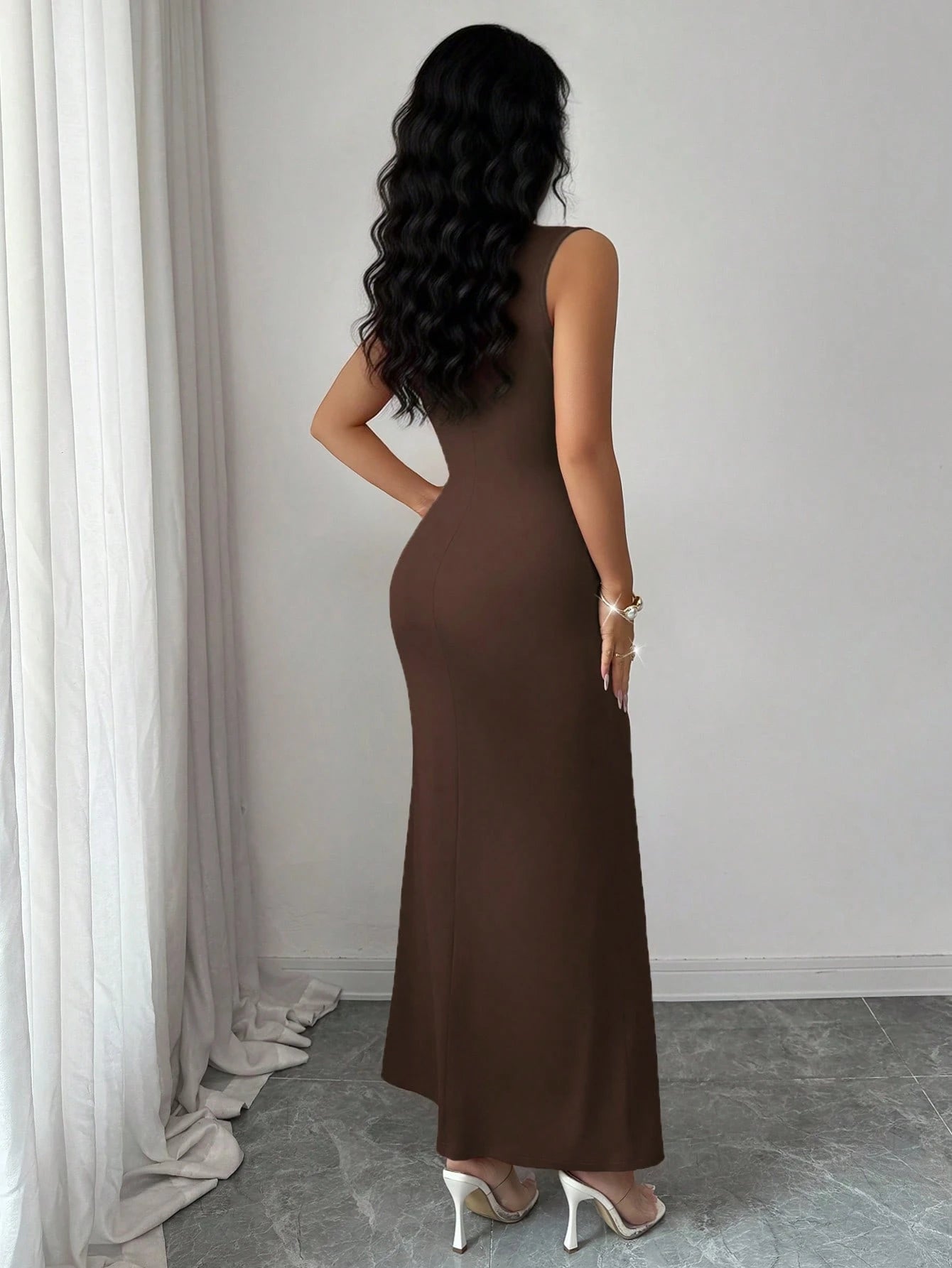 Rafferiza Women's Semi-High Neck Knitted Elastic Pleated Dark Brown,Autumn,Elegant,Dining Dress,Pearl Decoration Wine Red New Year Style For Wedding,Banquet