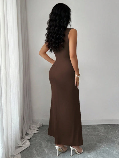Rafferiza Women's Semi-High Neck Knitted Elastic Pleated Dark Brown,Autumn,Elegant,Dining Dress,Pearl Decoration Wine Red New Year Style For Wedding,Banquet