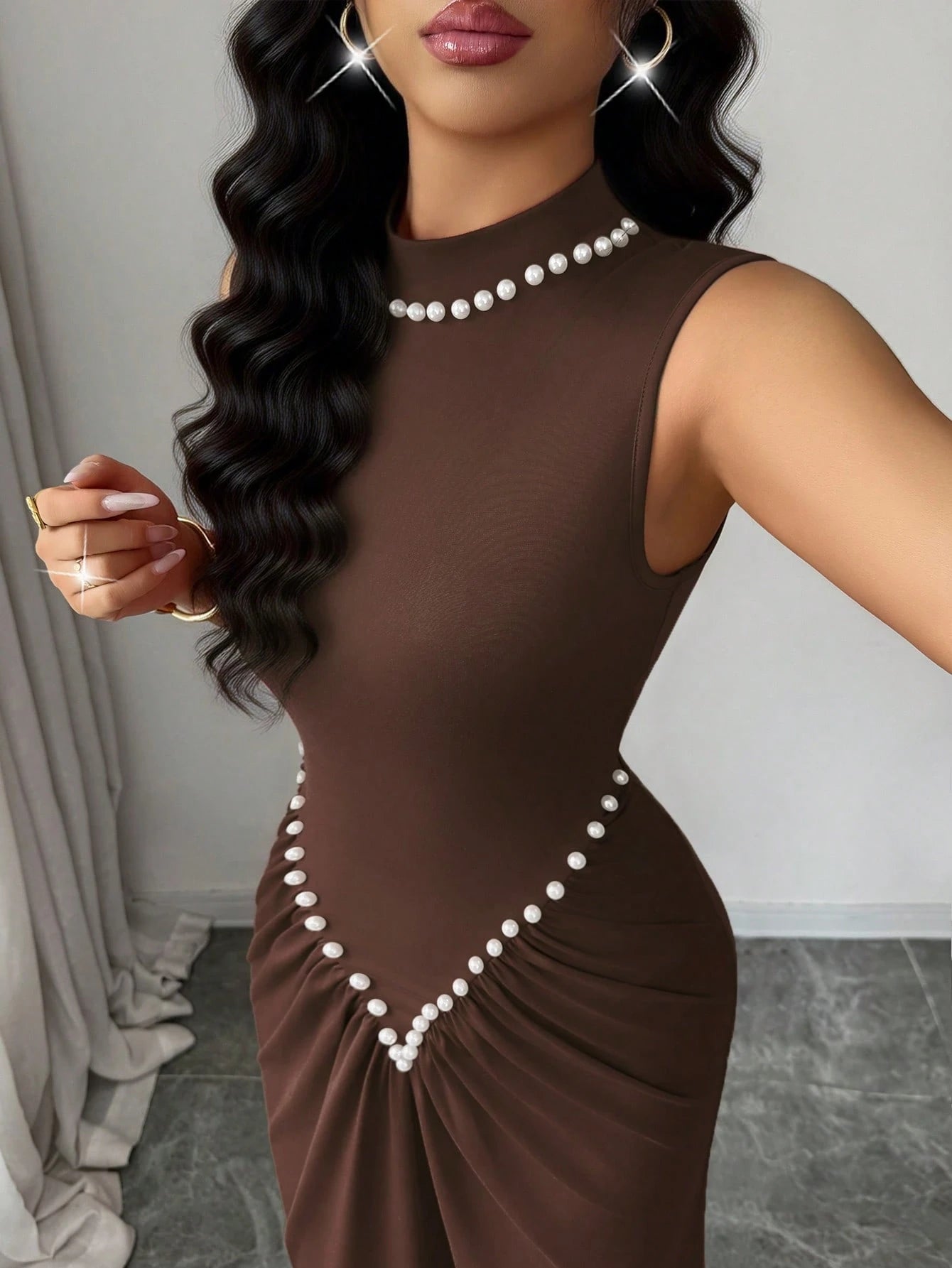 Rafferiza Women's Semi-High Neck Knitted Elastic Pleated Dark Brown,Autumn,Elegant,Dining Dress,Pearl Decoration Wine Red New Year Style For Wedding,Banquet