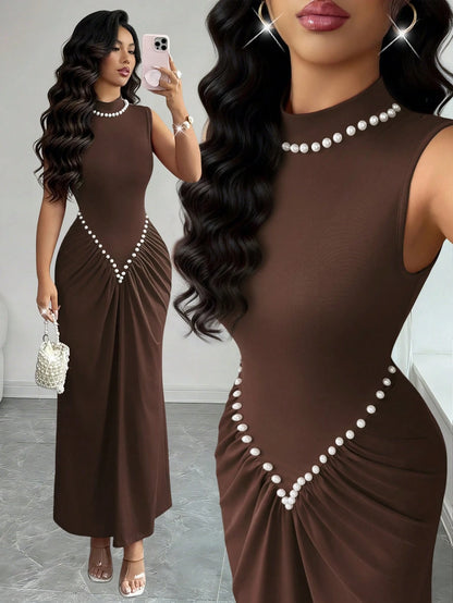 Rafferiza Women's Semi-High Neck Knitted Elastic Pleated Dark Brown,Autumn,Elegant,Dining Dress,Pearl Decoration Wine Red New Year Style For Wedding,Banquet