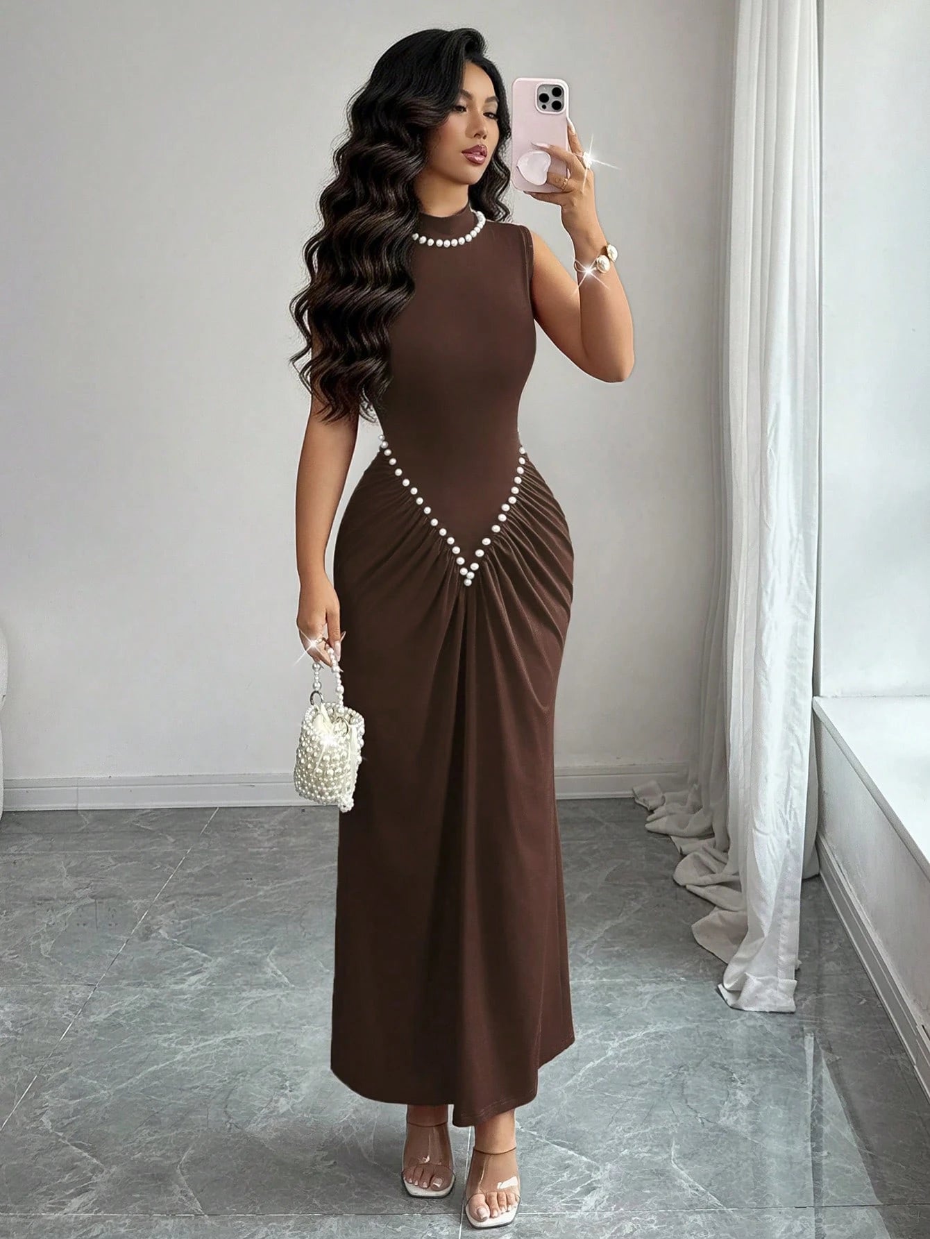Rafferiza Women's Semi-High Neck Knitted Elastic Pleated Dark Brown,Autumn,Elegant,Dining Dress,Pearl Decoration Wine Red New Year Style For Wedding,Banquet