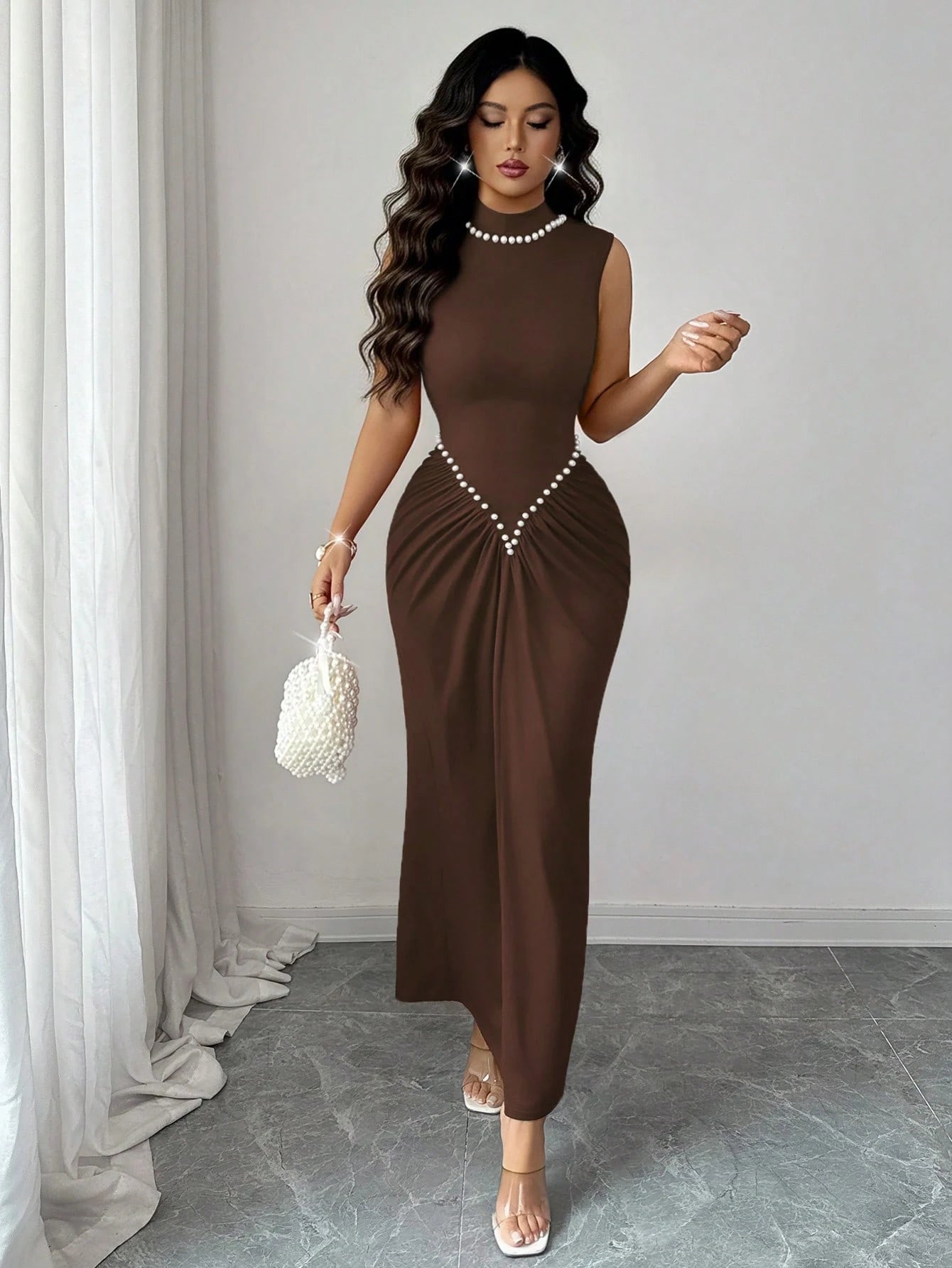 Rafferiza Women's Semi-High Neck Knitted Elastic Pleated Dark Brown,Autumn,Elegant,Dining Dress,Pearl Decoration Wine Red New Year Style For Wedding,Banquet