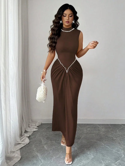 Rafferiza Women's Semi-High Neck Knitted Elastic Pleated Dark Brown,Autumn,Elegant,Dining Dress,Pearl Decoration Wine Red New Year Style For Wedding,Banquet
