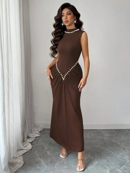 Rafferiza Women's Semi-High Neck Knitted Elastic Pleated Dark Brown,Autumn,Elegant,Dining Dress,Pearl Decoration Wine Red New Year Style For Wedding,Banquet