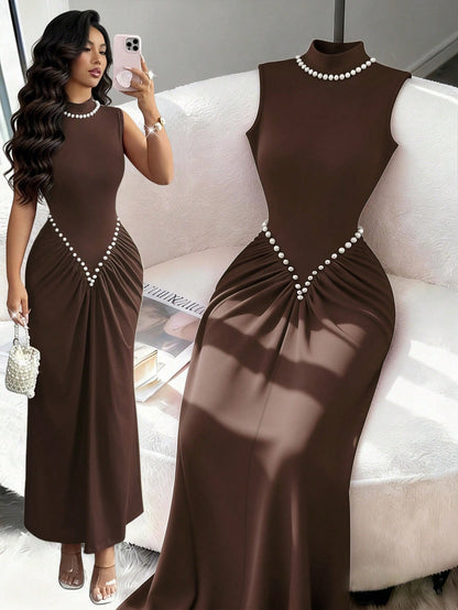 Rafferiza Women's Semi-High Neck Knitted Elastic Pleated Dark Brown,Autumn,Elegant,Dining Dress,Pearl Decoration Wine Red New Year Style For Wedding,Banquet