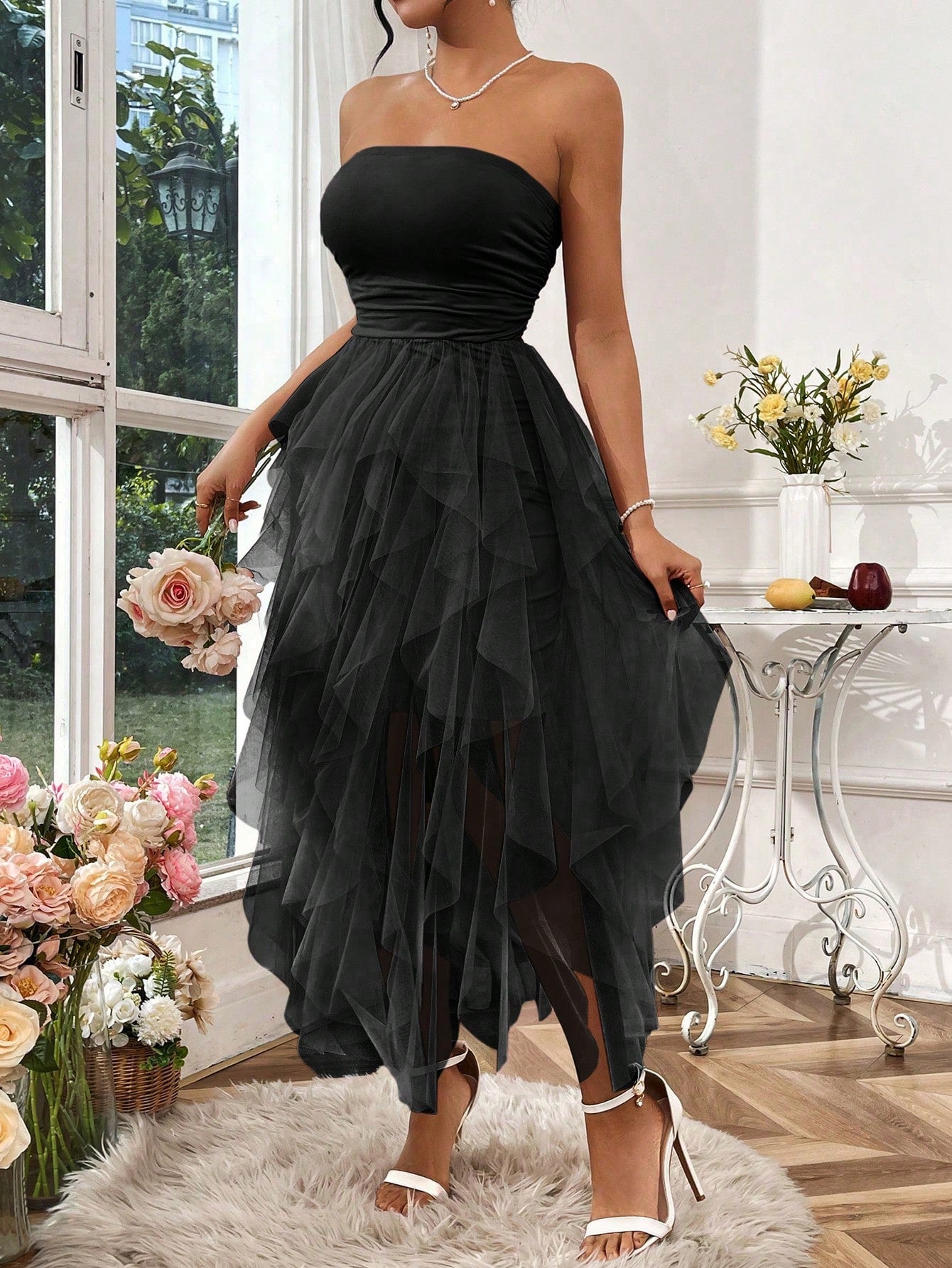 Rafferiza Women's Solid Color Mesh Panel Strapless Dress Maxi Women Outfit