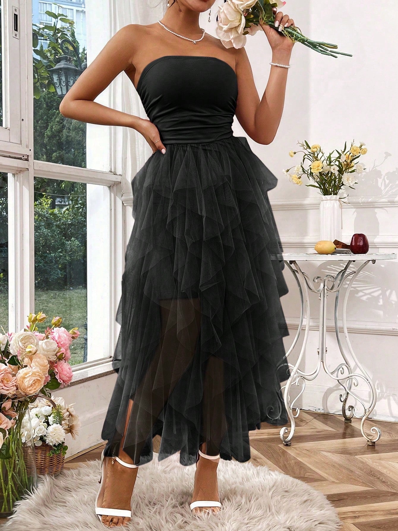 Rafferiza Women's Solid Color Mesh Panel Strapless Dress Maxi Women Outfit