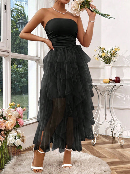 Rafferiza Women's Solid Color Mesh Panel Strapless Dress Maxi Women Outfit