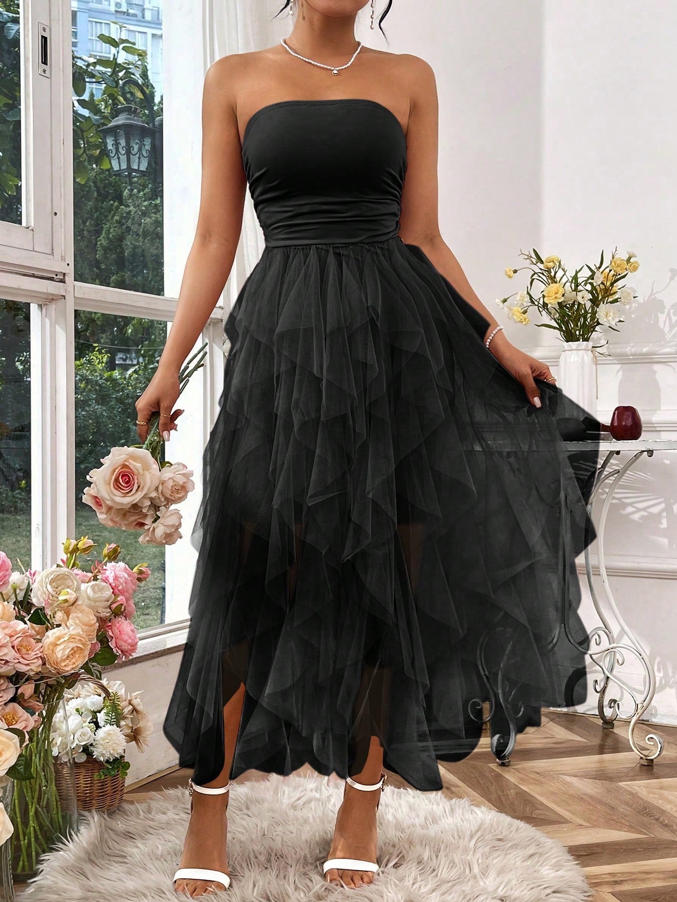 Rafferiza Women's Solid Color Mesh Panel Strapless Dress Maxi Women Outfit