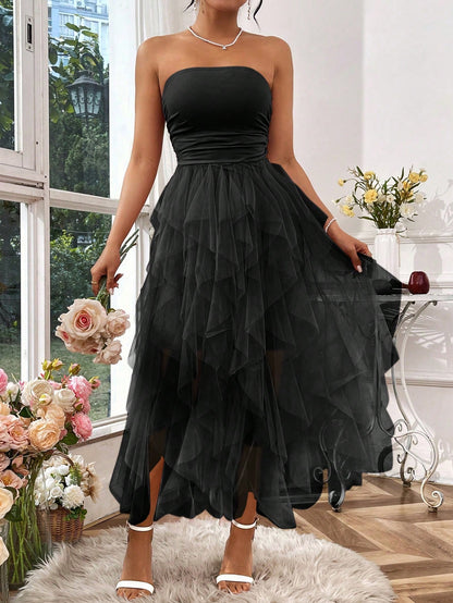 Rafferiza Women's Solid Color Mesh Panel Strapless Dress Maxi Women Outfit