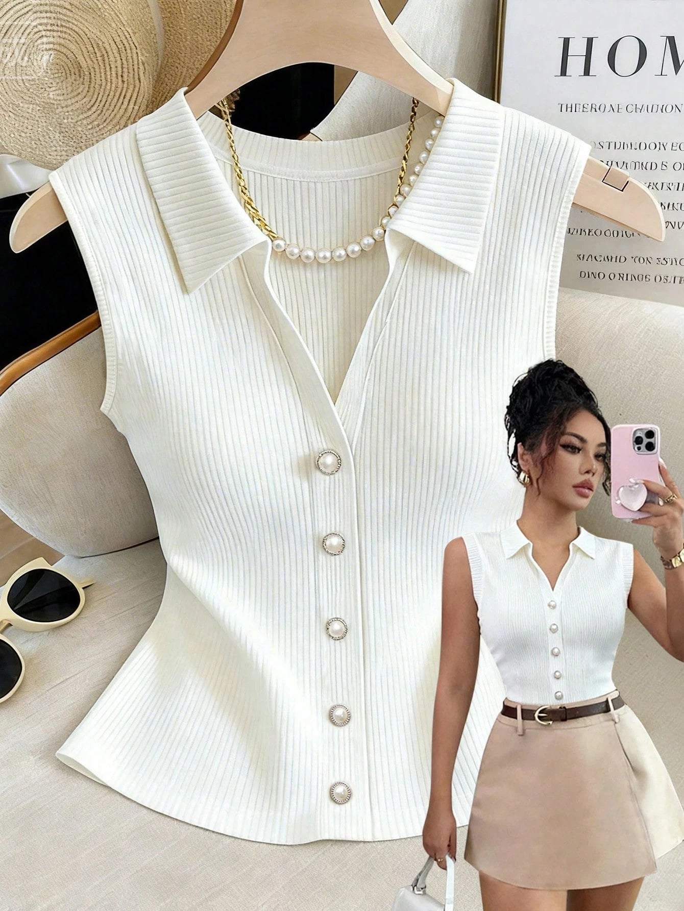 Rafferiza Women's White Ribbed Knit Sleeveless Polo Top,Elegant Slim Fit Button-Down Summer Tank,Casual Office Collared Shirt,Classy Pearl Button Blouse