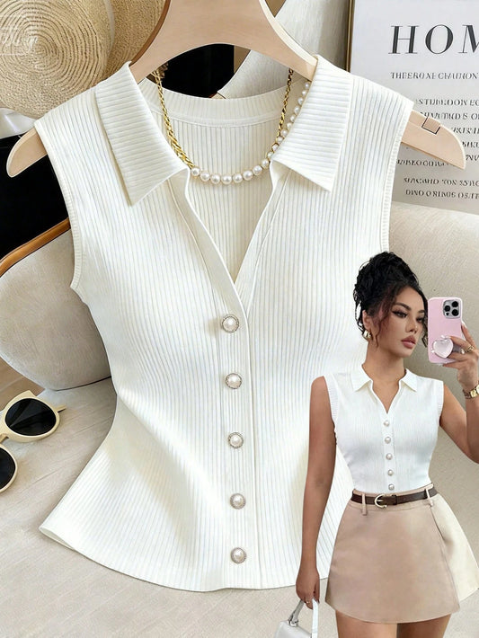 Rafferiza Women's White Ribbed Knit Sleeveless Polo Top,Elegant Slim Fit Button-Down Summer Tank,Casual Office Collared Shirt,Classy Pearl Button Blouse