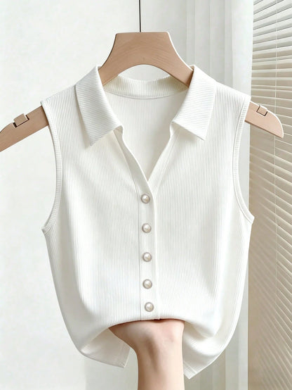 Rafferiza Women's White Ribbed Knit Sleeveless Polo Top,Elegant Slim Fit Button-Down Summer Tank,Casual Office Collared Shirt,Classy Pearl Button Blouse