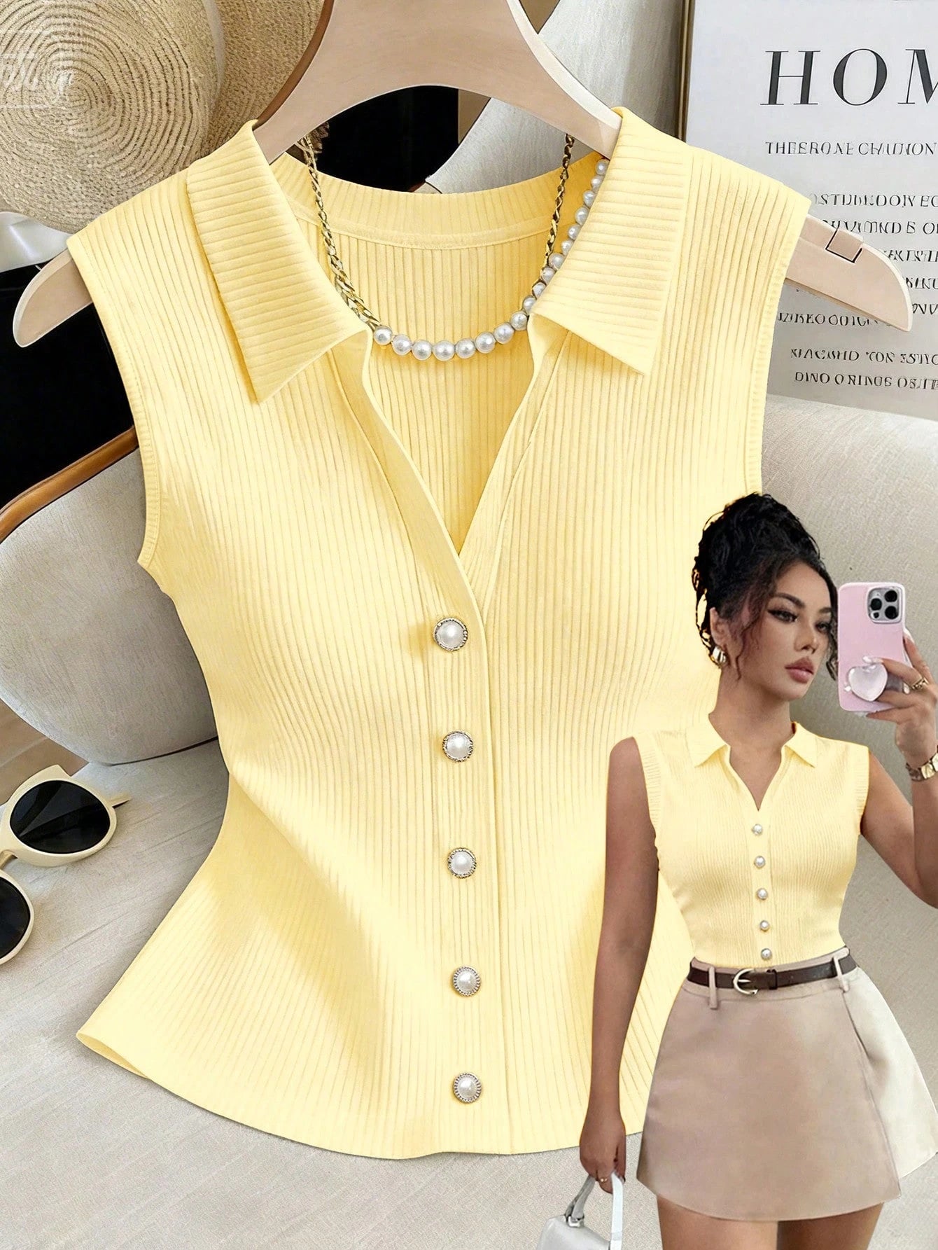 Rafferiza Women's White Ribbed Knit Sleeveless Polo Top,Elegant Slim Fit Button-Down Summer Tank,Casual Office Collared Shirt,Classy Pearl Button Blouse
