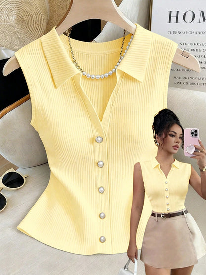 Rafferiza Women's White Ribbed Knit Sleeveless Polo Top,Elegant Slim Fit Button-Down Summer Tank,Casual Office Collared Shirt,Classy Pearl Button Blouse