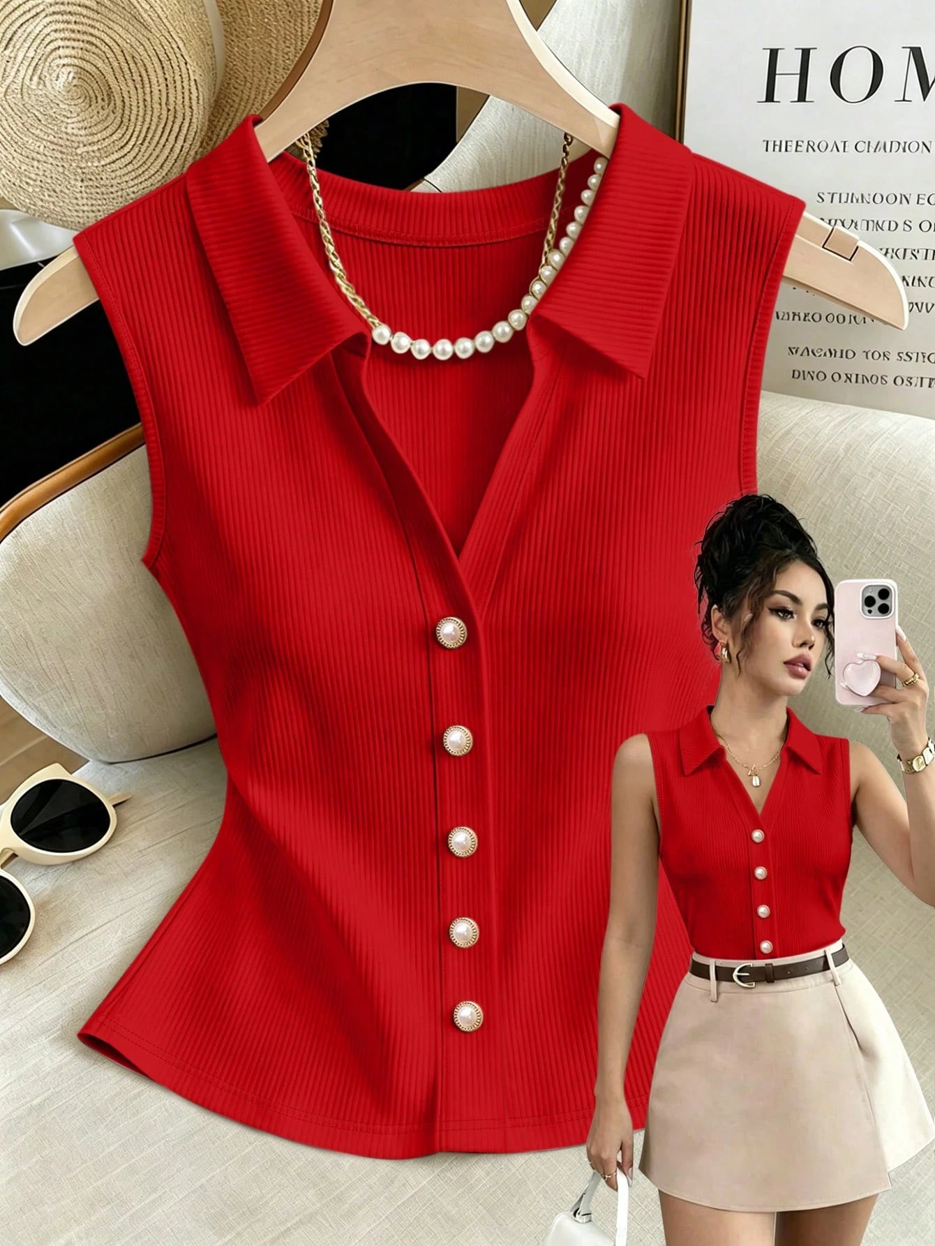 Rafferiza Women's White Ribbed Knit Sleeveless Polo Top,Elegant Slim Fit Button-Down Summer Tank,Casual Office Collared Shirt,Classy Pearl Button Blouse