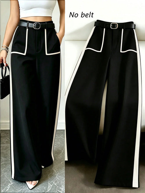 Rafferiza Women Summer Elegant Black And White Patchwork Wide Leg Straight Pants,Winter Office Business Casual Fashion Commuter Versatile Loose Pants