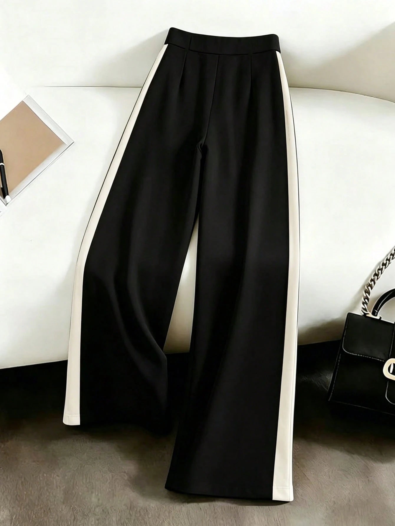 Rafferiza Women Summer Elegant Black And White Patchwork Wide Leg Straight Pants,Winter Office Business Casual Fashion Commuter Versatile Loose Pants